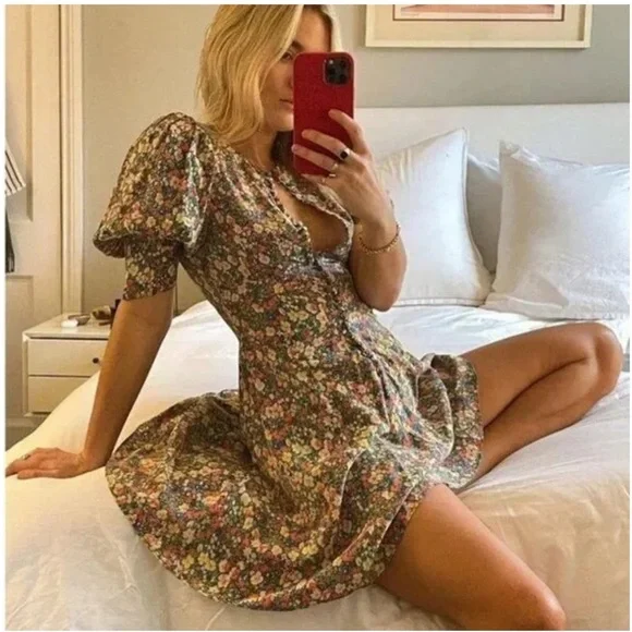 EUC DOEN CERESE MINI DRESS IN GREEN VALLEY FLORAL 100% silk sz L - Picture 3 of 6